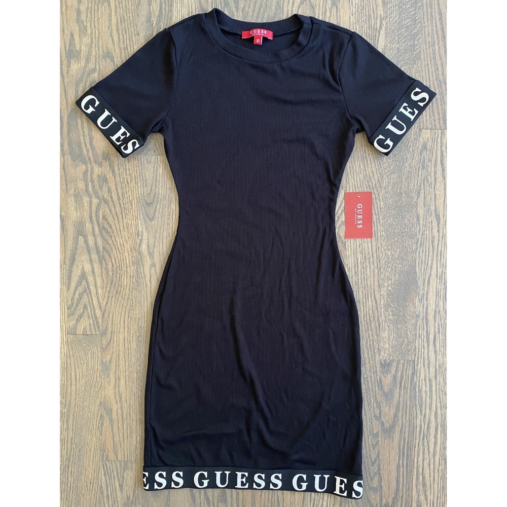 GUESS Black Logo Trim Bodycon Mini Dress Crew Neck Short Sleeve Womens Size XS